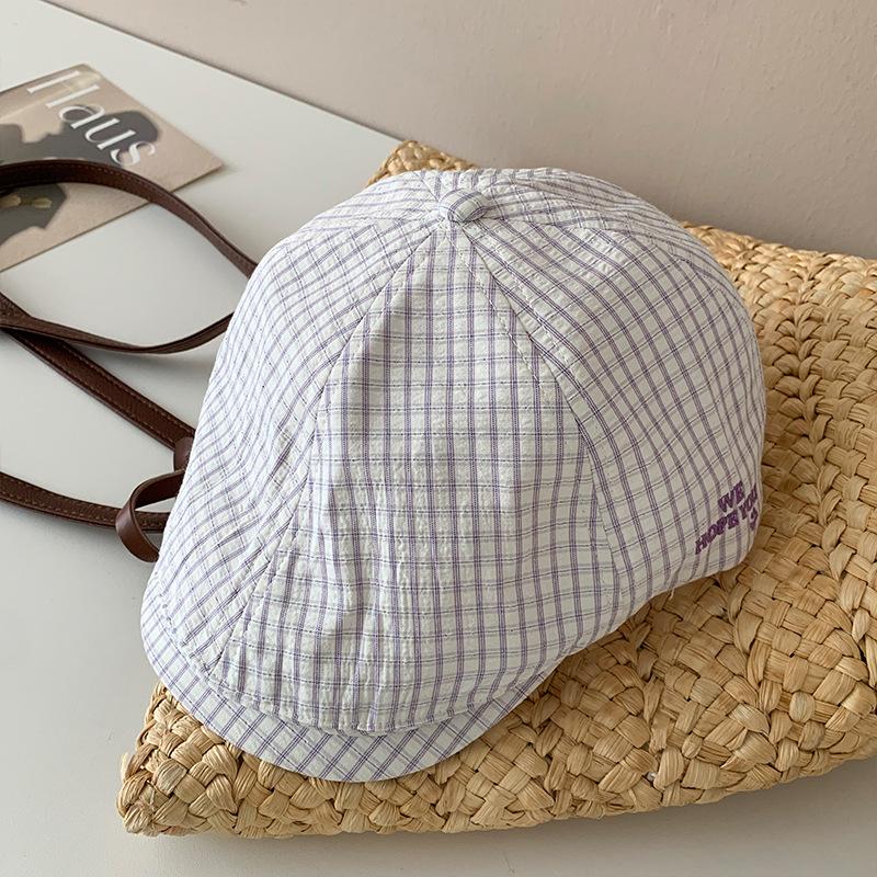 Vintage Pink Plaid Beret Women's Spring Back Wearing Newsboy Hat Big Head Circumference Versatile Peaked Cap