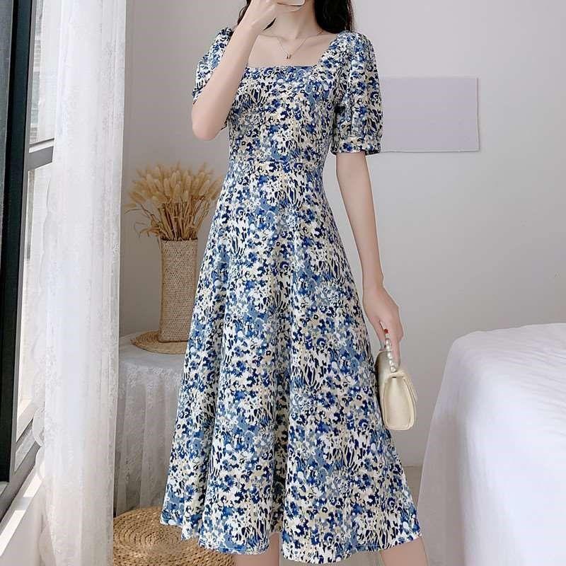 French Retro Puff Sleeve Large Size Skirt Summer Sweet Flora