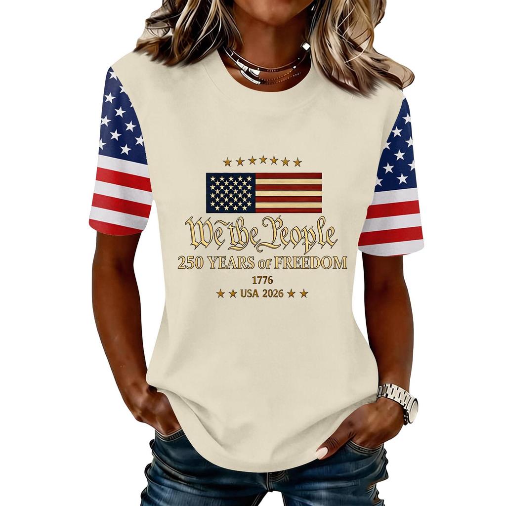 Blusa Feminina da Moda Casual de Manga Curta com Estampa e Gola Redonda