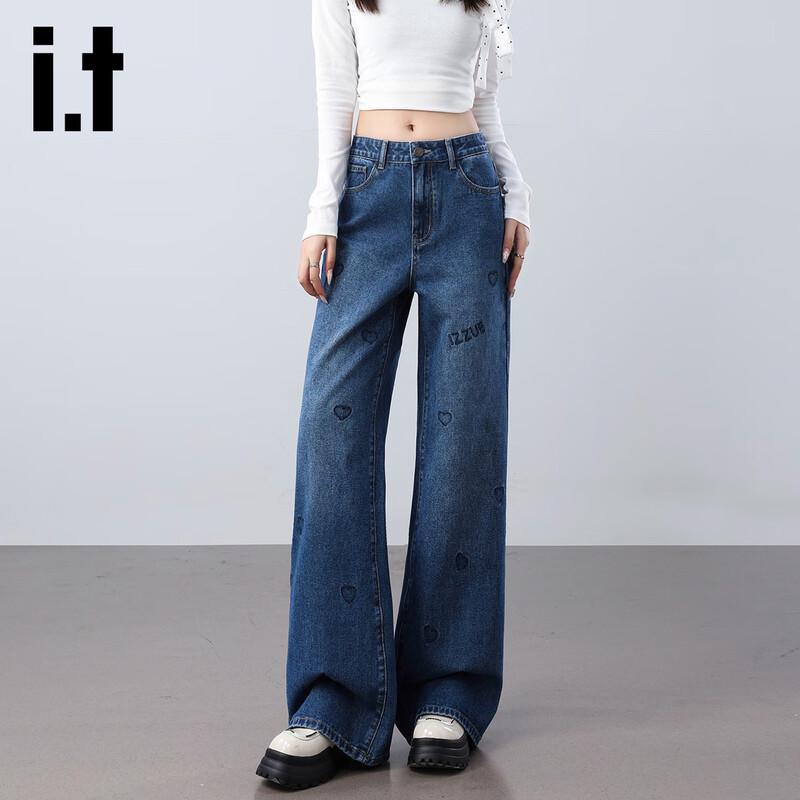 

Izzue IT Women s High-Waist Heart Embroidery Wide-Leg Straight Jeans M