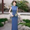 Elegant Blue Modern Cheongsam Dress Women Long Sleeveless Retro Style 2026