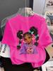 Girls' Summer Crew-Neck Short-Sleeved Top New Black Girls Cute Top Girls Clothes Cartoon Print T-Shirt Top Children's Clothing