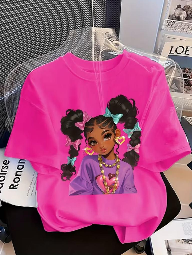 Girls' Summer Crew-Neck Short-Sleeved Top New Black Girls Cute Top Girls Clothes Cartoon Print T-Shirt Top Children's Clothing