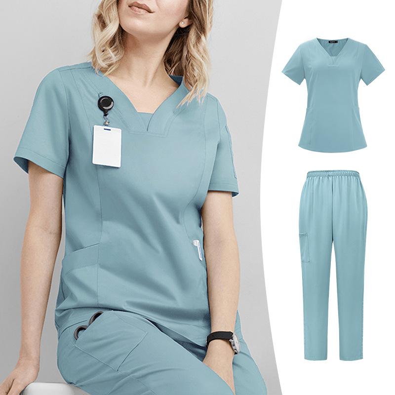 Women Nurse Uniform Two-piece Set Summer Elastic Quick-drying Thin Section V-neck Short-sleeved + Straight Trousers Hand-washing Clothes