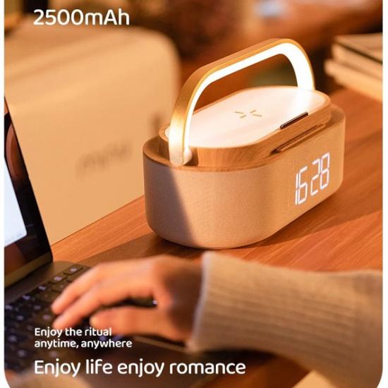 Portable Dual Alarm clock Bluetooth Speaker, Phone holder Wireless Charger, FM Radio & Dimmable Light for Bedroom Office Home Gift Giving