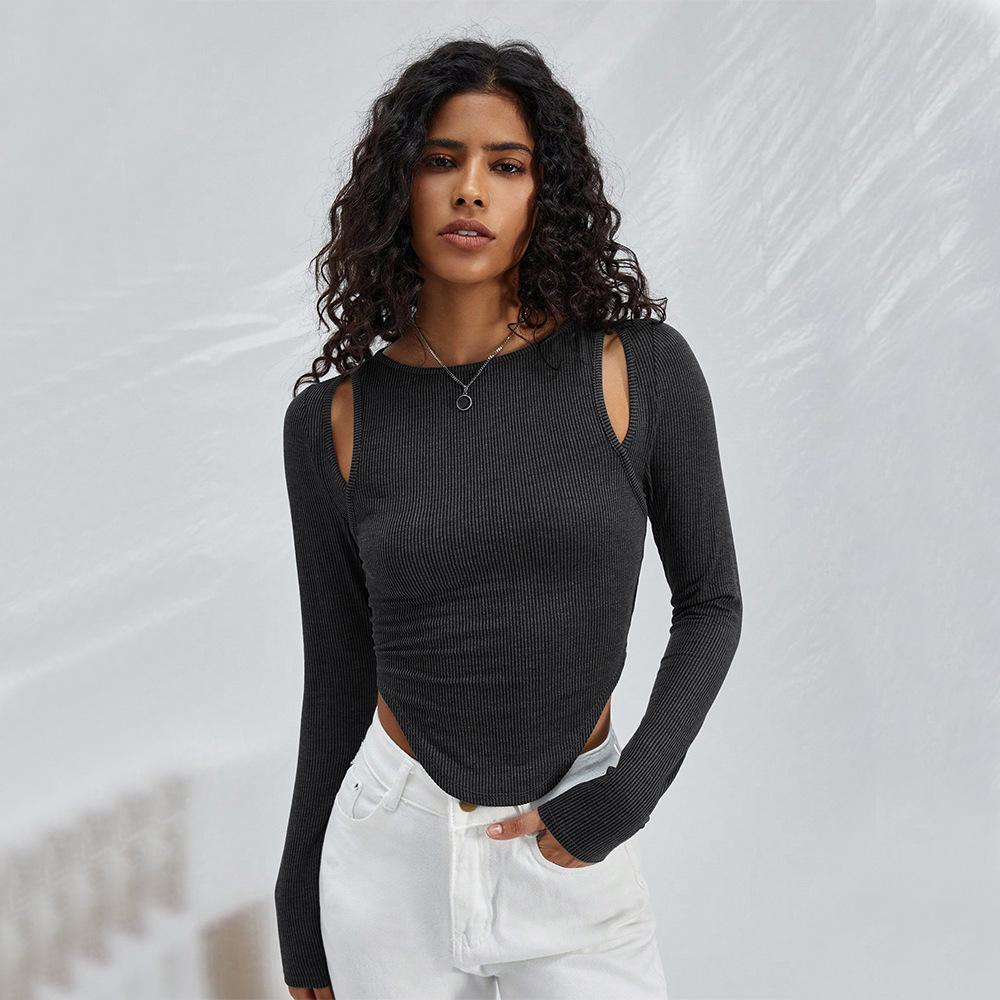 

Европейская и американская женская 2024 вязаная футболка с длинным рукавом и нерегулярным круглым вырезом – Сексуальный модный топ однотонной расцветки Large серый