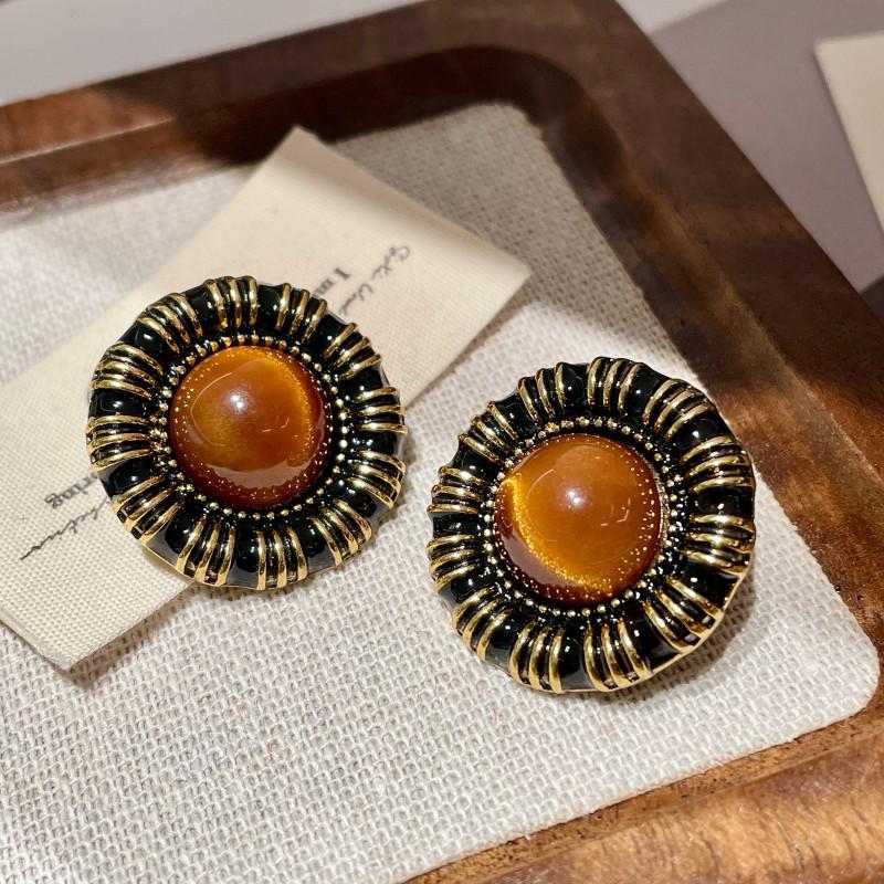 Vintage Hong Kong Style Tiger Eye Glass Stud Earrings - Exquisite Round Retro Design for Women