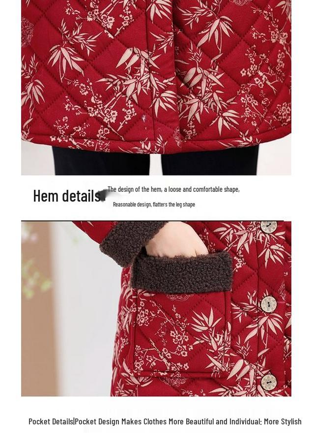 Floral Cotton-Padded Jacket with Fleece for Middle-Aged and Elderly Women - Mid-Length Winter Coat