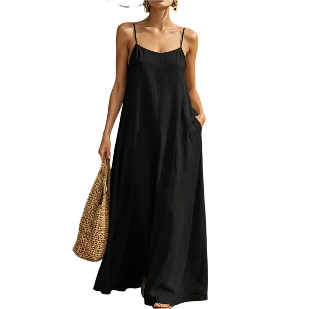 Women's Sleeveless Maxi Dress with Adjustable Spaghetti Straps Flowy Loose Fit Long Sundress with Pockets for Casual Wear