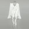 French classic retro white Tencel perspective versatile temperament V-neck horn sleeve commuter ruffle edge shirt women