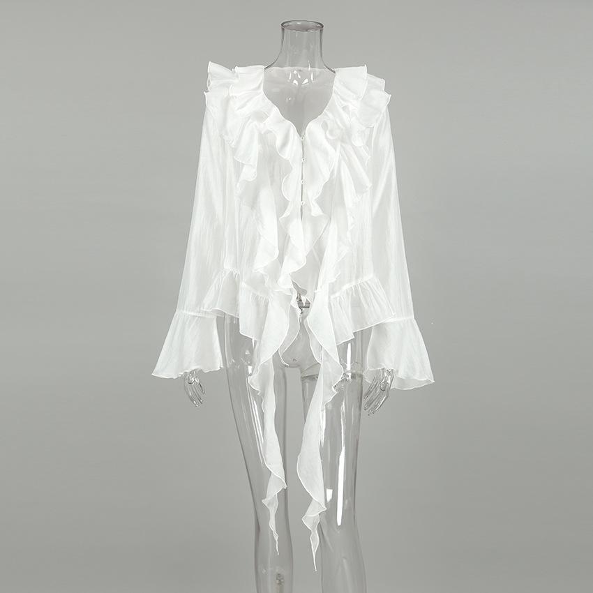 French classic retro white Tencel perspective versatile temperament V-neck horn sleeve commuter ruffle edge shirt women