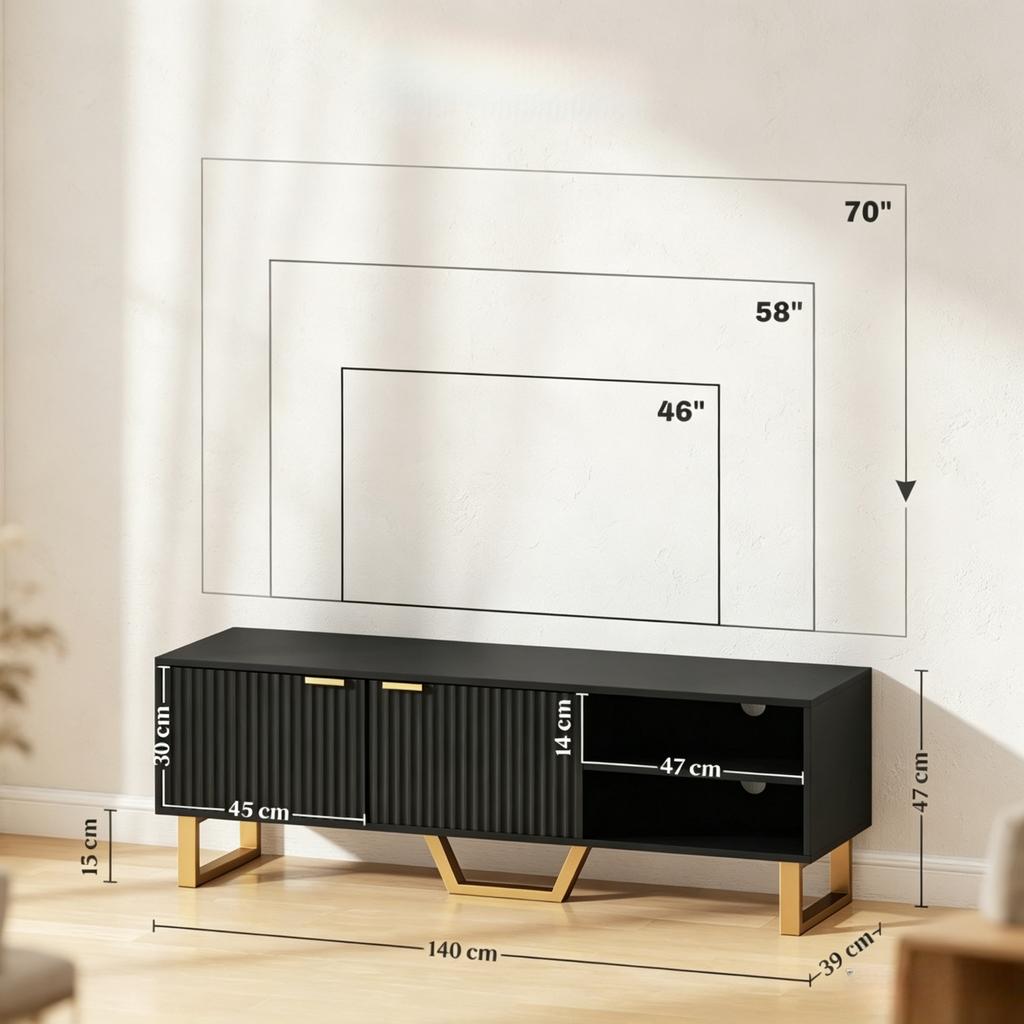 TV Cabinet for TVs Up To 70 Inches, TV Bench with 2 Fluted Doors, Open Compartment and Cable Passage