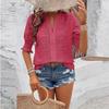 Ladies Casual Solid Color V-Neck Puff Sleeves Mid Sleeves Hollow Lace T-Shirt