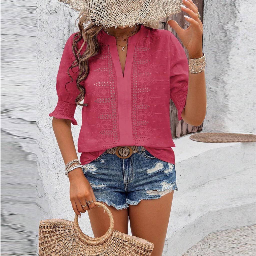 Ladies Casual Solid Color V-Neck Puff Sleeves Mid Sleeves Hollow Lace T-Shirt