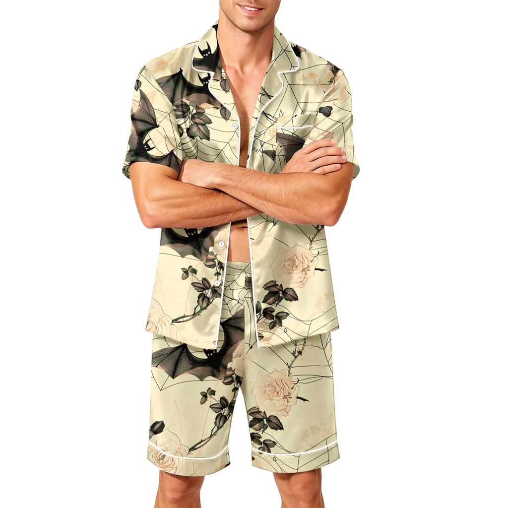 Herren Kurzarm Pyjama Set Knopfleiste Hemd mit Saum Shorts Weich Lässig Nachtwäsche Lounge Set Erhältlich in den Größen S bis XXXXL
