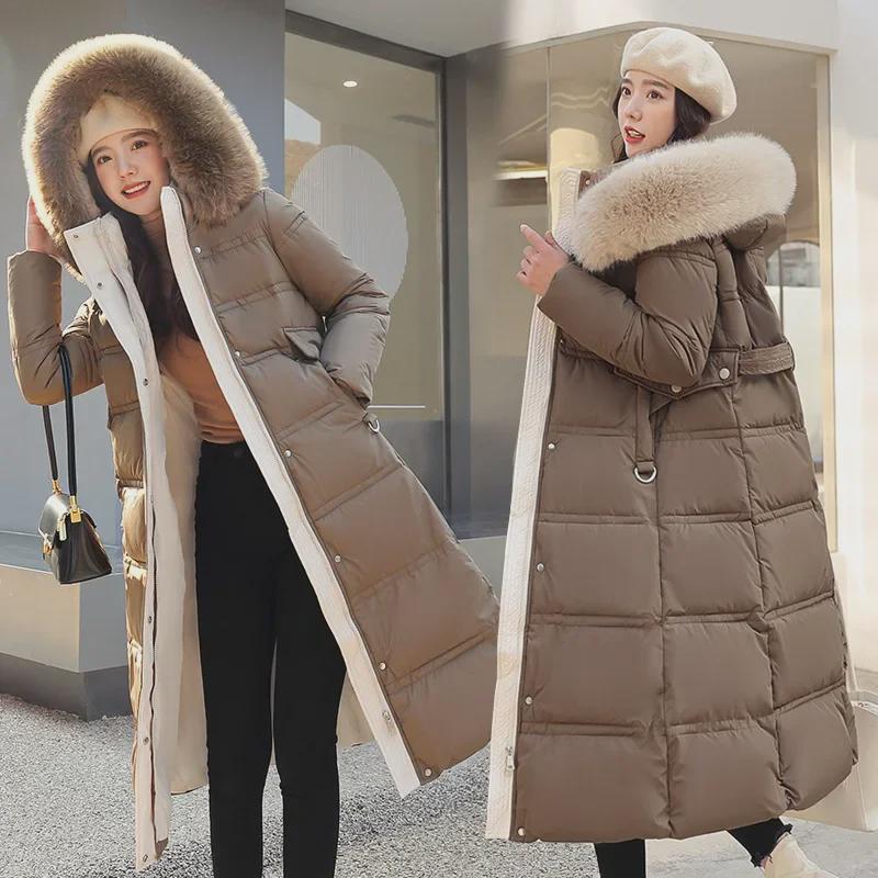 Women's Long Winter Korean-Style Cotton Coat with Large Fur Collar - Thick, Loose, Over-the-Knee Design