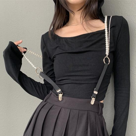 Suspenders Belt Faux Pearl Shirt Decoration Adjustable Elastic Duck-Mouth Clip Back Strap Outwear Clothes Strap Chain Jewelry Suspender Strap Clip