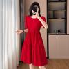 2026 Summer Women's Plus Size Red A-Line Short-Sleeve Waist-Cinched Dress