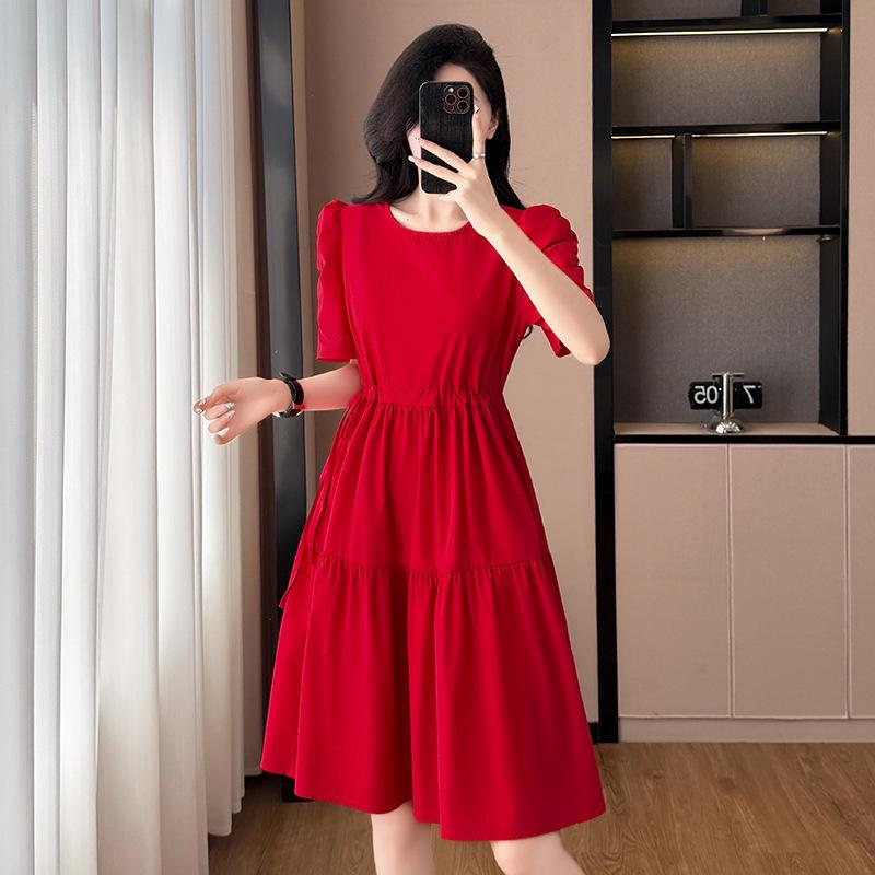 2026 Summer Women's Plus Size Red A-Line Short-Sleeve Waist-Cinched Dress