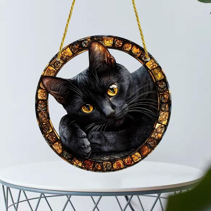 Artistic Black Cats Theme Acrylic Hanging Wreath Decorative Piece For Indoor and Outdoor Use Home Wall Window Ornament