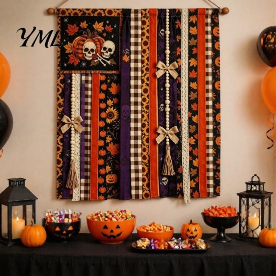 Office Party Supplies Halloween Rag Banner, Orange Black Skull Ghost Pumpkin Hanging Decoration, Rustic Indoor Outdoor Holiday Decor Fabric