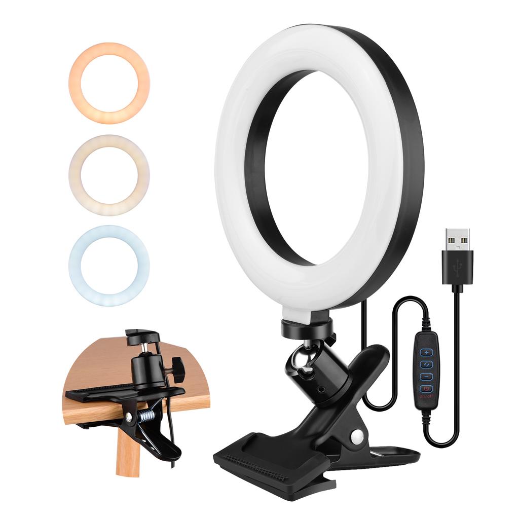 6.3 Inch 2700K-5500K Selfie Ring Video Light with Clamp Mount 3 Dimmable Colors 11 Brightness