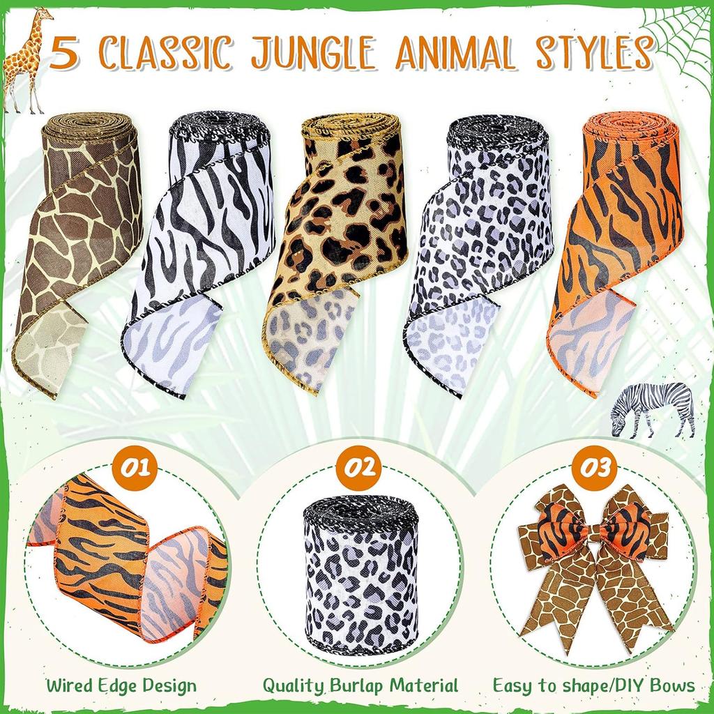 5 Rolls Jungle Animal Wired Ribbons 2.5 Inch Party Decorations Safari Animal Burlap Wrapping Ribbon for Crafts Leopard Zebra Cheetah Leaves Printed