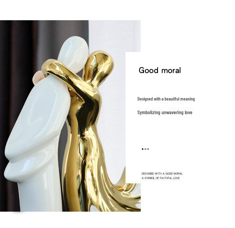 European Light Luxury White Gold Ceramic Couple Figurines for Living Room and Wine Cabinet Decor