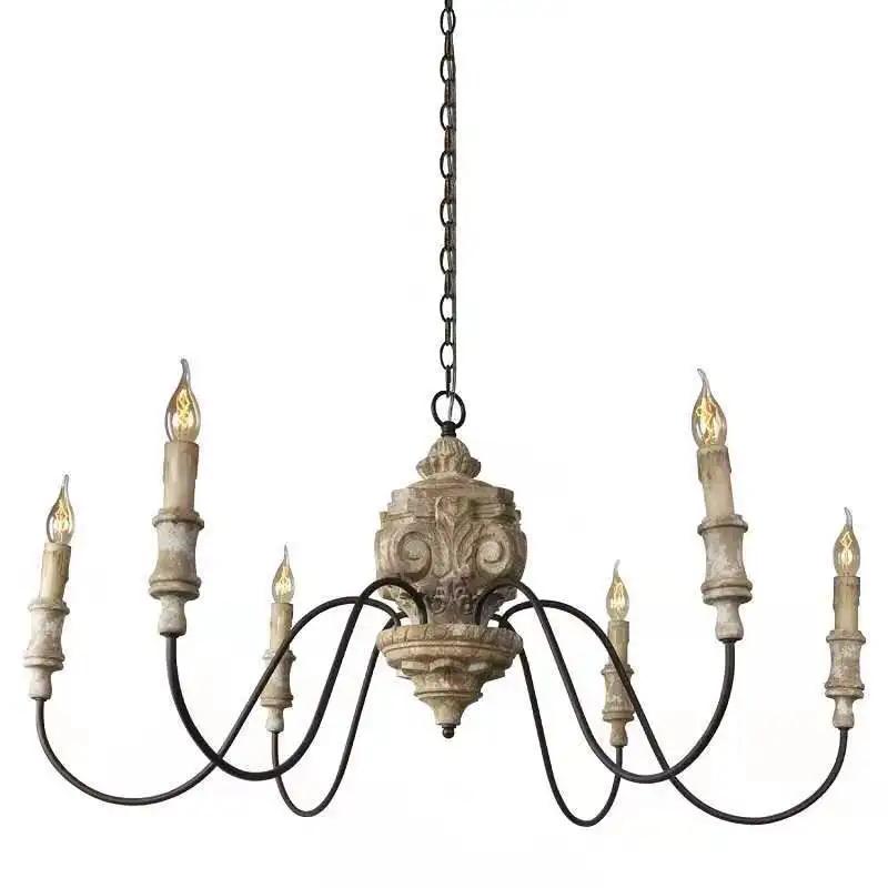 American Rural French Solid Wood Chandelier Carving Retro Vintage Living Room Dining Room Bedroom Villa Candle Lights Lustre