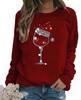 Women's Christmas Hoodie with Red Wine Glass and Hat Print, Round Neck, Long Sleeve.
