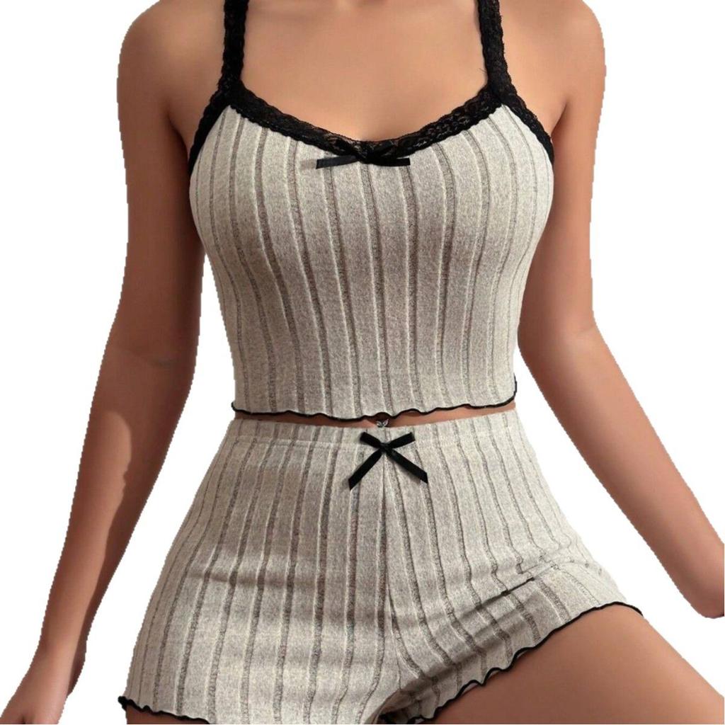 Large size pajamas women's sexy lace edge short-sleeved suspender shorts polished pit strip loungewear