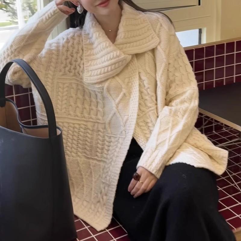 Lapel sweater jacket women's autumn and winter new design soft waxy thickened loose lazy wind twist knitted cardigan