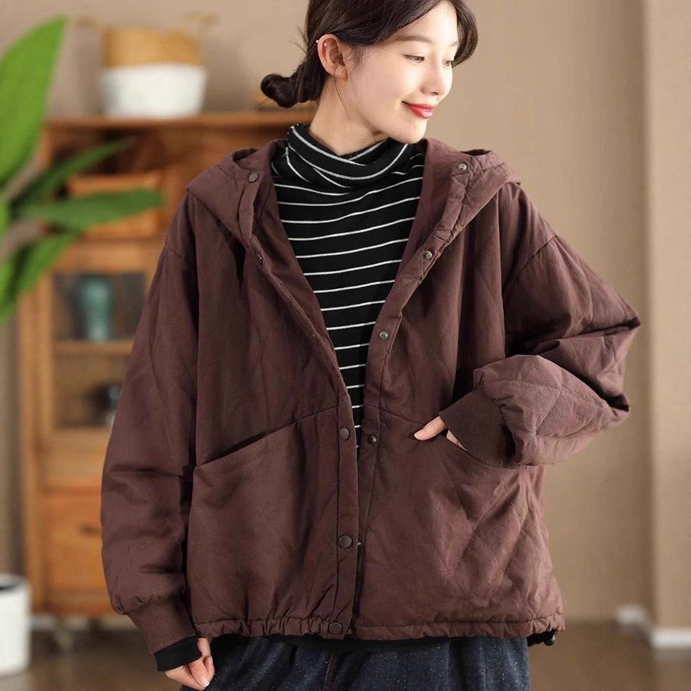 Women's Diamond Pattern Hooded Cotton Jacket - Winter Coat with Dark Buckle, Style 81607.