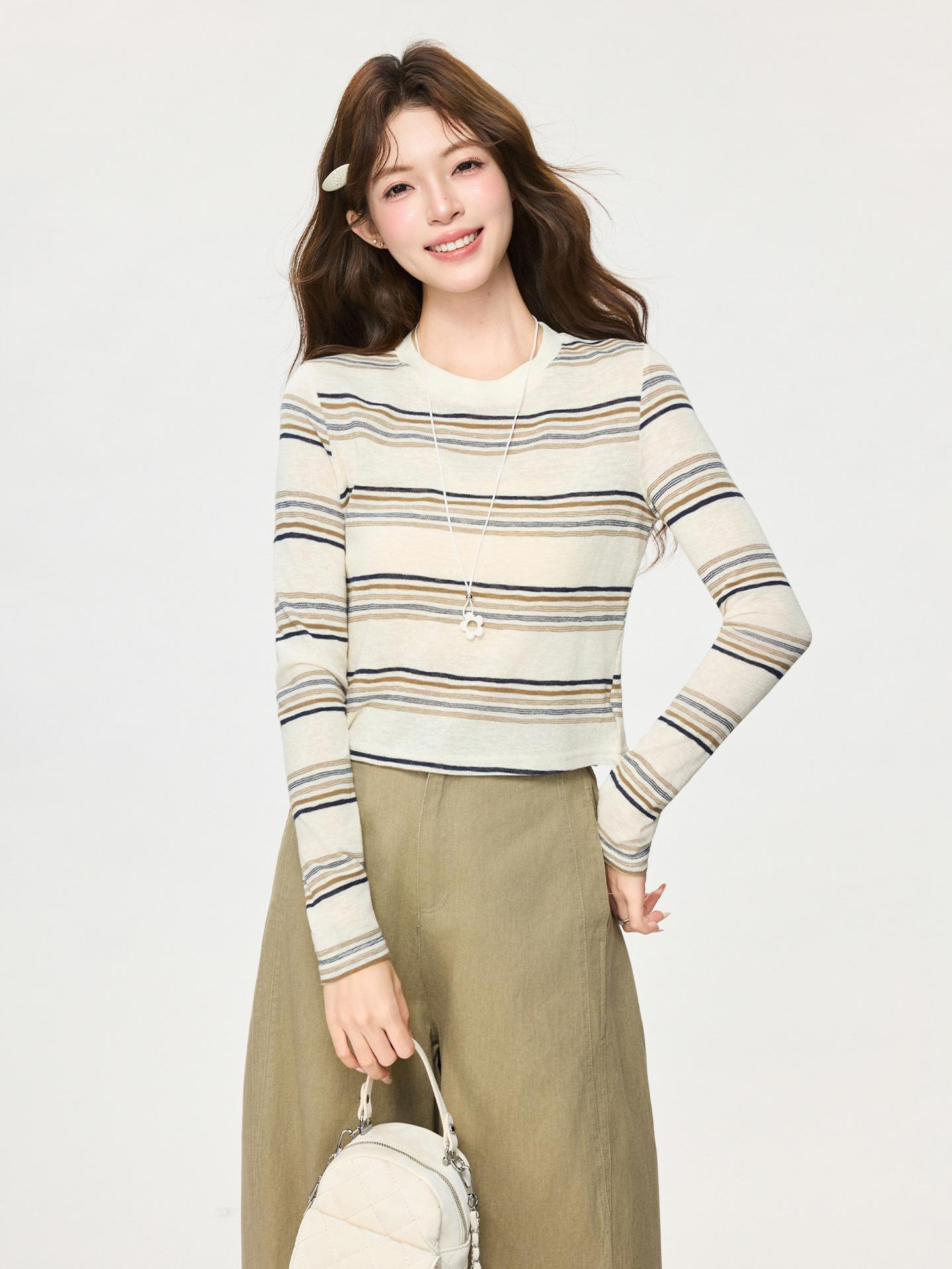 Korean contrasting stripes front shoulder Spice Girl long-sleeved T-shirt women s season bottoming shirt high-end short top S