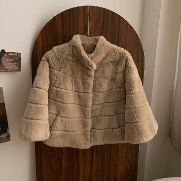 Women's fashion short fur jacket temperament celebrity nine-quarter sleeve small stand-up collar imitation rabbit plush jacket