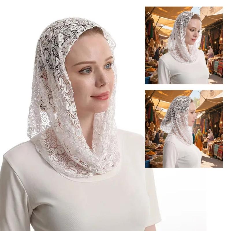 Lace Trimmed Headscarf Breathable Scarf For Women Lightweight Polyester Daily Wear And Outside Use