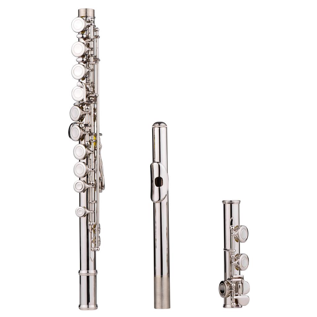 Western Concert Flute Nickel Plated 16 Holes C Key Cupronickel Woodwind Instrument with Cleaning Cloth Stick Gloves