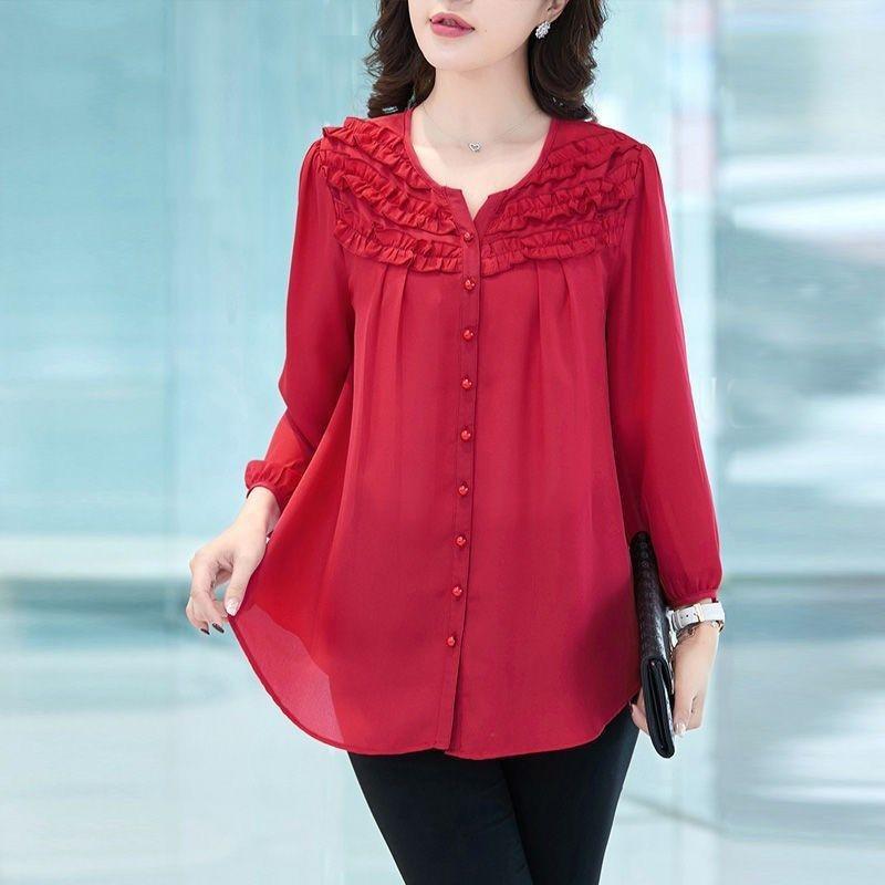 Camisa Coreana de Color Sólido con Pliegues Elegantes Primavera Otoño Manga Nueve Cuartos Ropa Femenina Cuello O Para Ir al Trabajo Blusa de Botonadura Sencilla