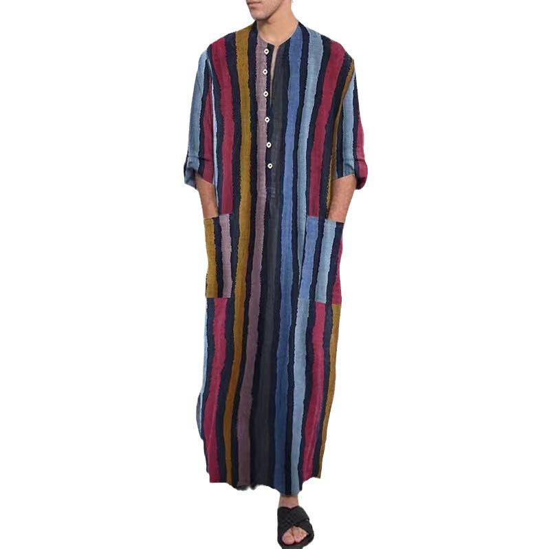 Striped Gradient Stand Collar Robe - Men's Long Sleeve Southeast Asia/Middle East Style