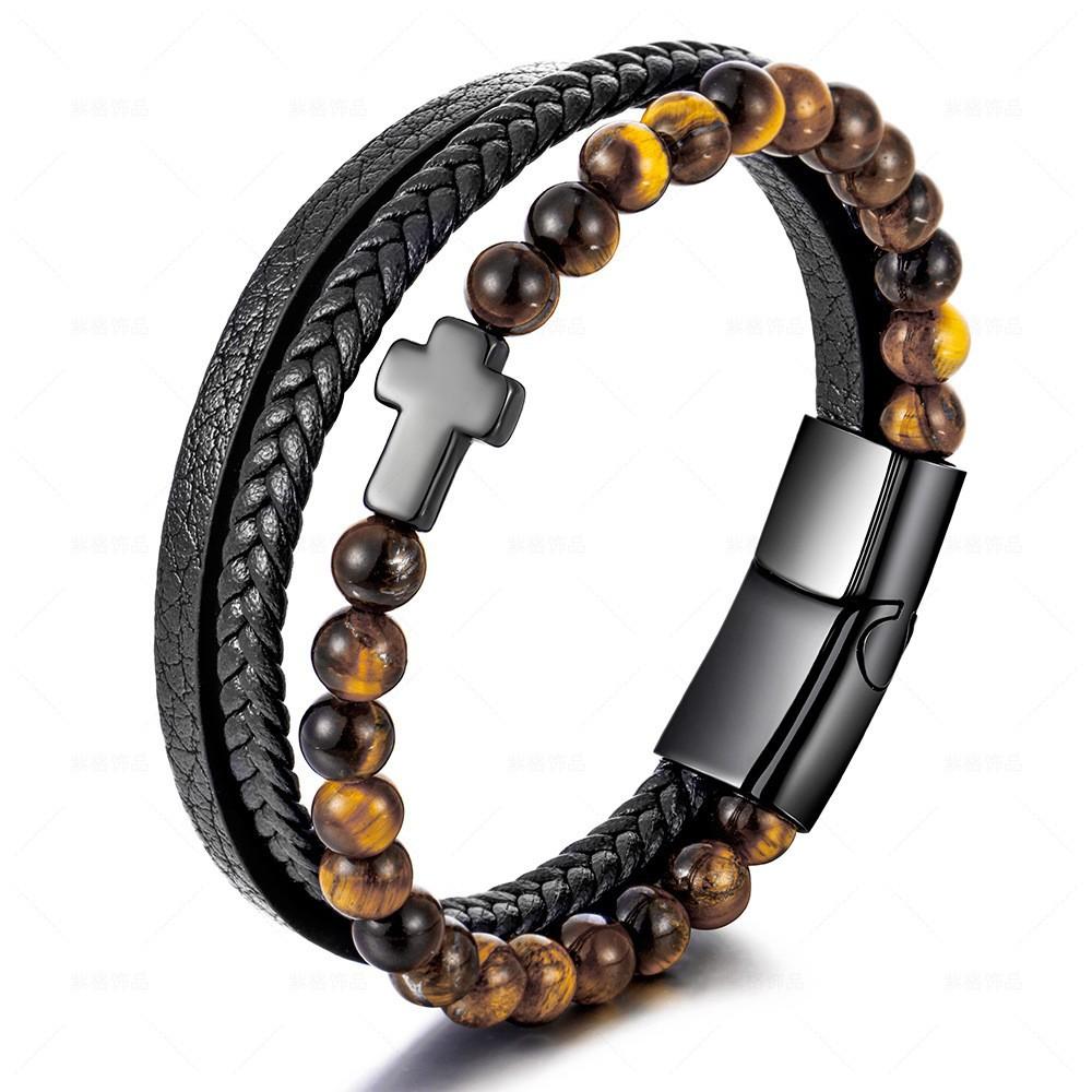 Stainless Steel Natural Tiger Eye Agate Cross Bracelet Men's Titanium Steel Multi-layer Woven Leather Bracelet