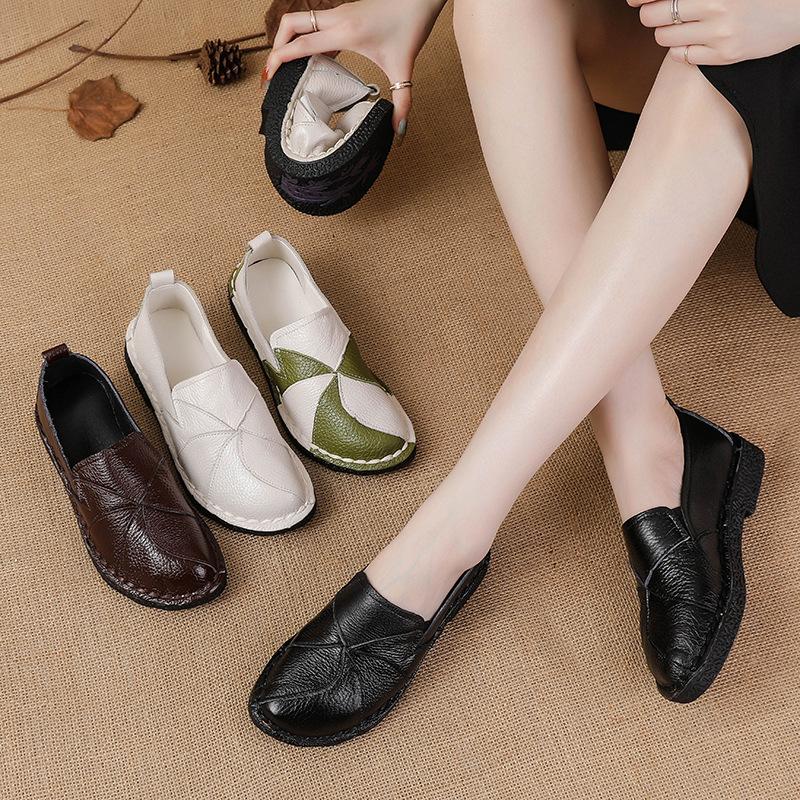 New Top Layer Cowhide Women's Shoes Genuine Leather Casual Color-blocking Women's Single Shoes Middle Mother's Shoes Large Size Shoes