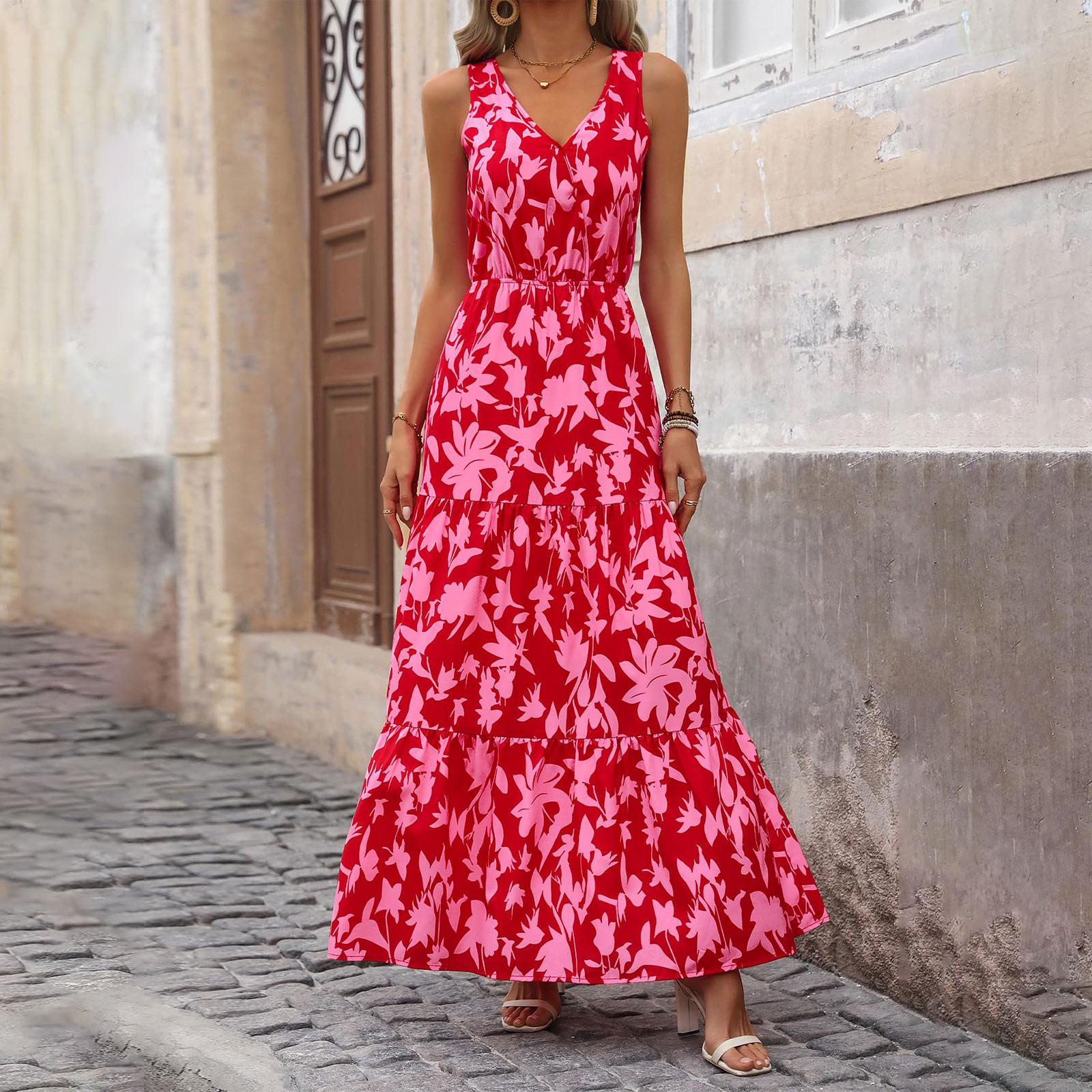 

Женские струящиеся платья Женские летние платья Повседневные длинные платья без рукавов Милые длинные платья с цветочным принтом XXL горячий розовый