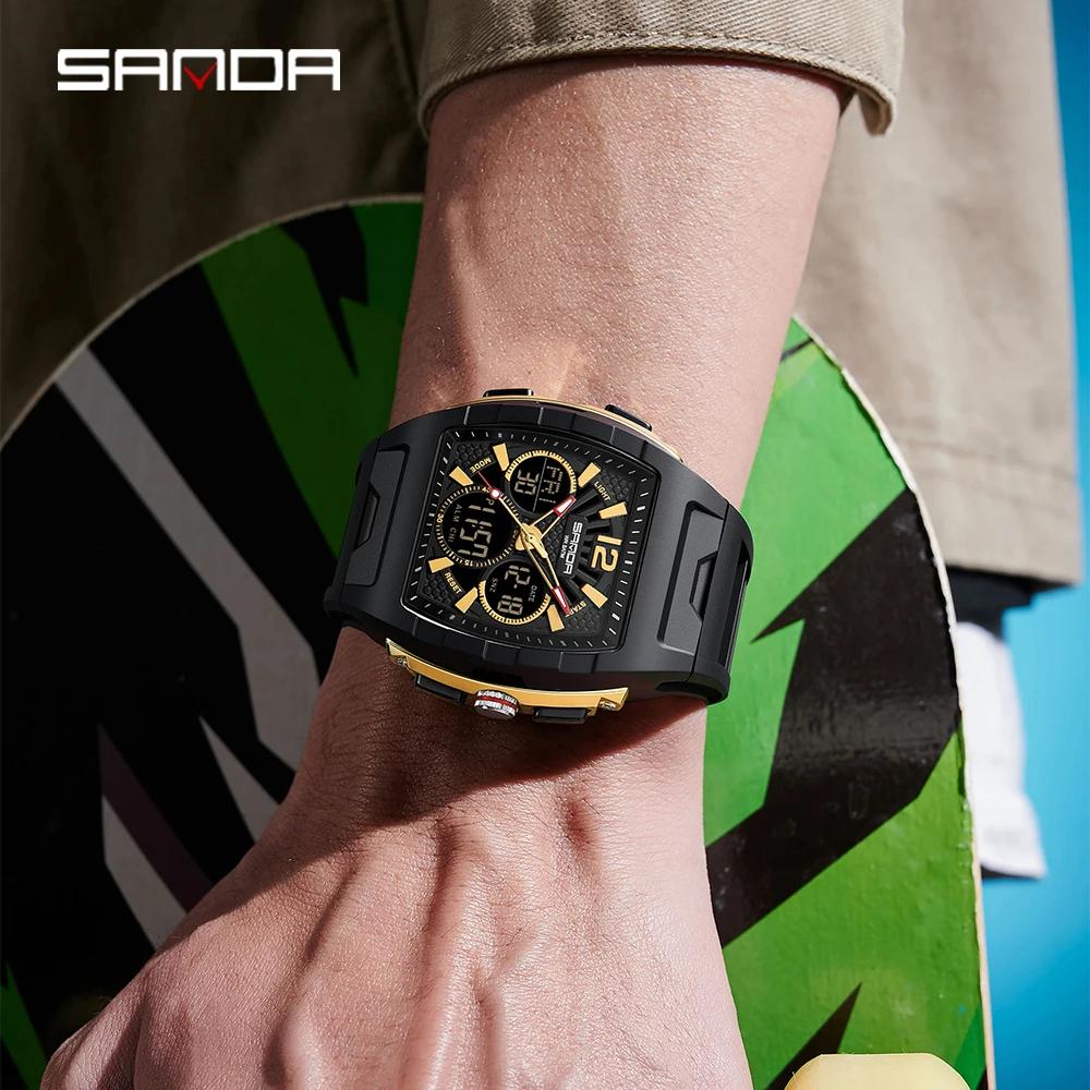 SANDA SD3396 Electronic Watches for Man Dual Display Luminous Alarm Clock Sports Waterproof LED Digital Watch