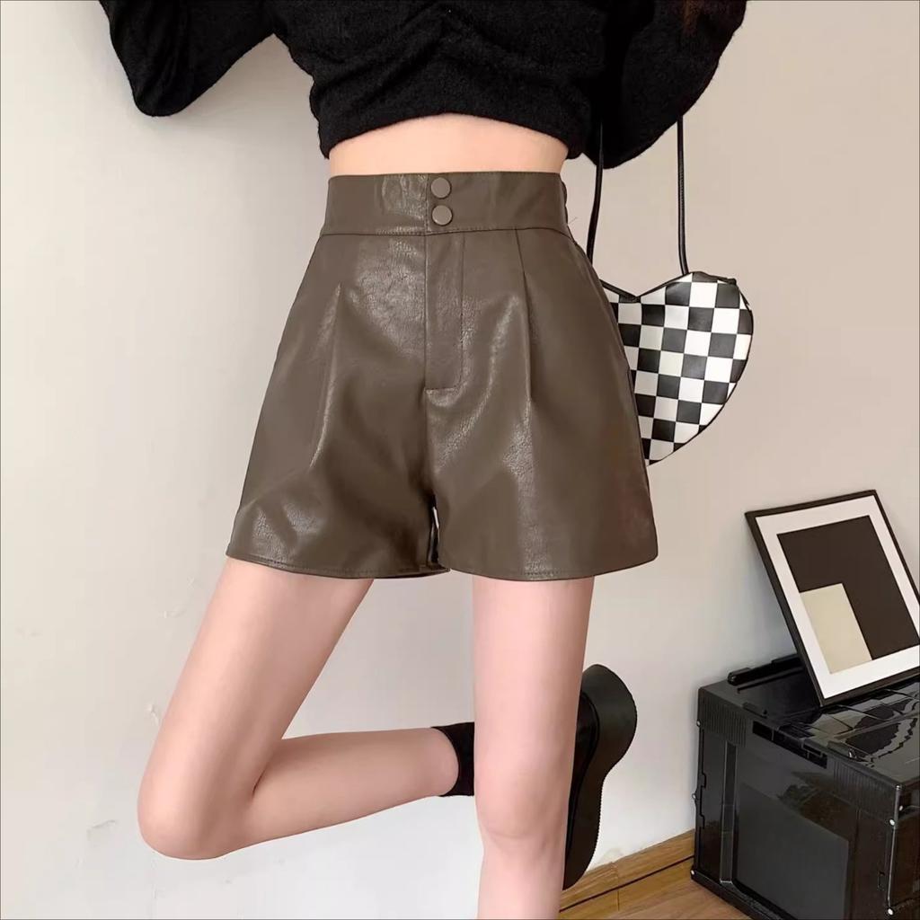 Damen Herbst Oberbekleidung Hohe Taille Schlankmachende A-Linie Weiter Bein PU-Leder Shorts Herbst Winter Mini Shorts Vielseitig Schlanke Passform Heißhosen