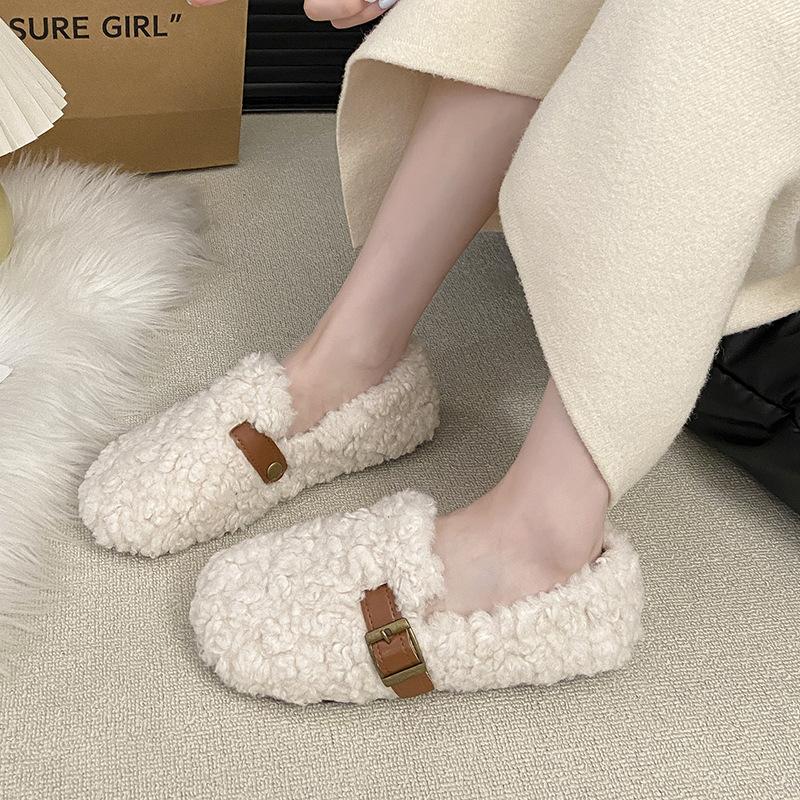 Flat-bottomed one-pedal lazy fluffy shoes for women to wear 2025 new autumn and winter velvet beanie single shoes cotton shoes