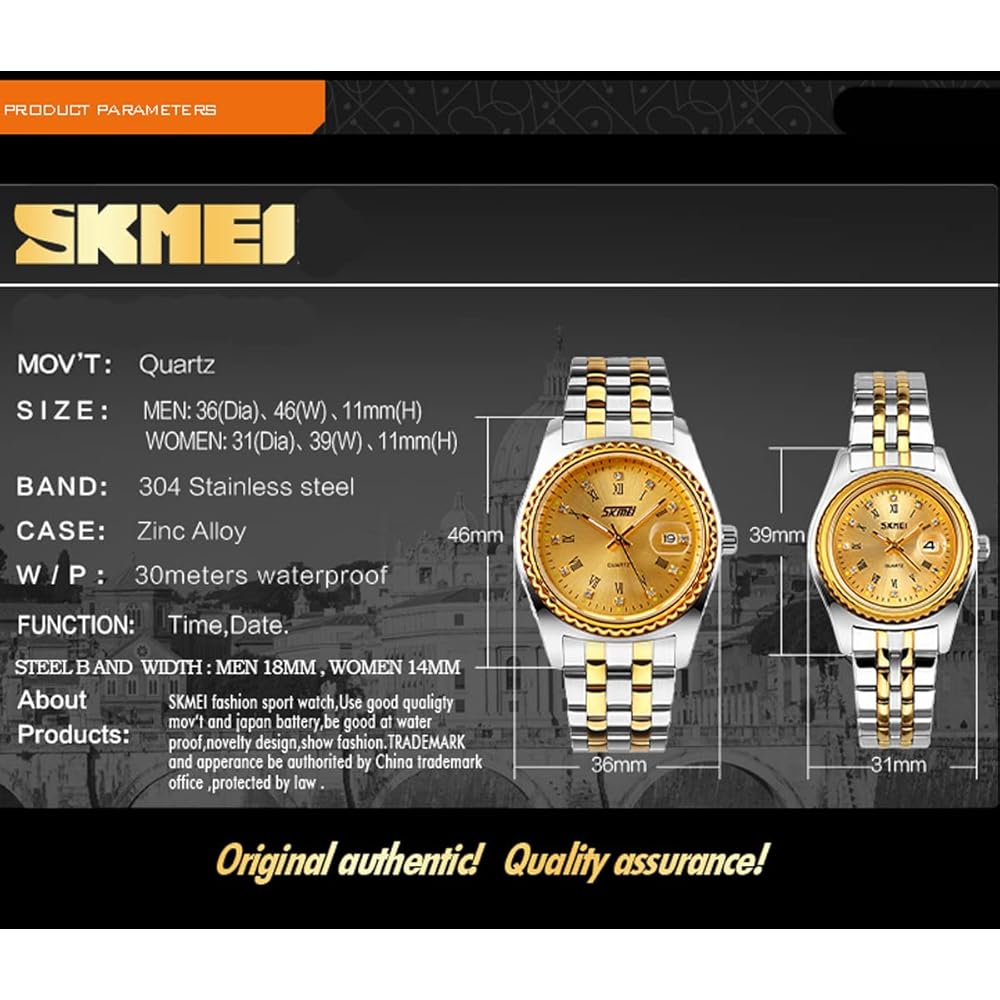 "Classic Women's Analog Quartz Watch Gold Silver Stainless Steel Waterproof Casual Simple Date"