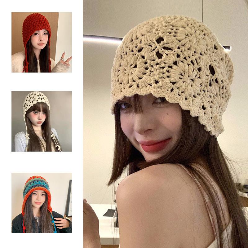 Ethnic Style Crochet Flower Knitted Hat Hollow Out Beanies Knit Cap Handmade Korean Apparel Accessories