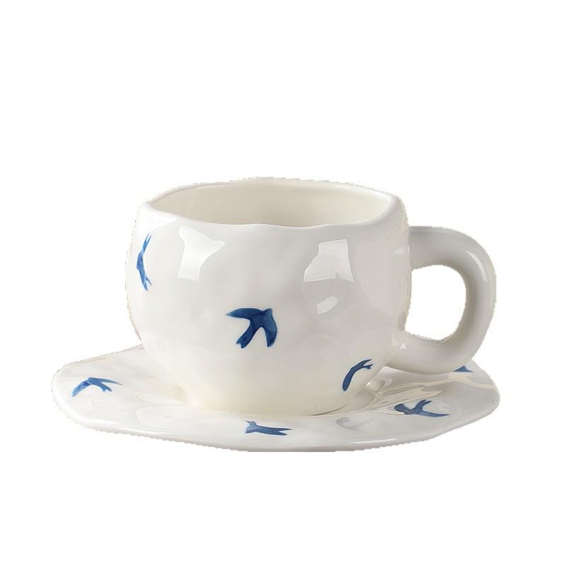 Korean Hand-Painted Ceramic Cup & Saucer Set - Creative Irregular Design for Coffee & Tea