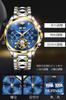 OUPINKE Automatic Watch Business Mechanical Watch Skeleton Waterproof Calendar Automatic Manual Winding Hollow Dial Blue Men's - - - - -