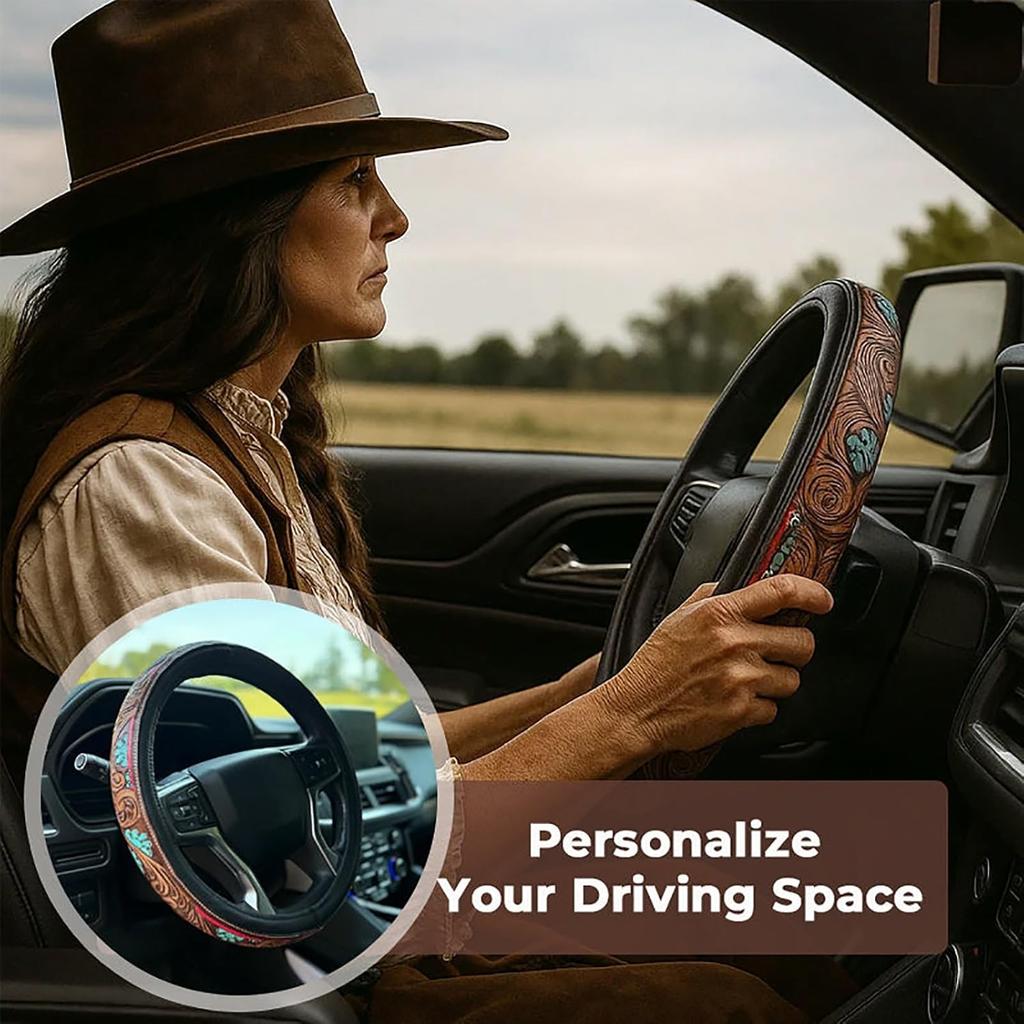 Retro Western Cowboy Car Universal Steering Wheel Cover – Embossed Leather 14.5-15 Inch Anti-Slip Car Accessory For Trucks SUVs Cars – Boho